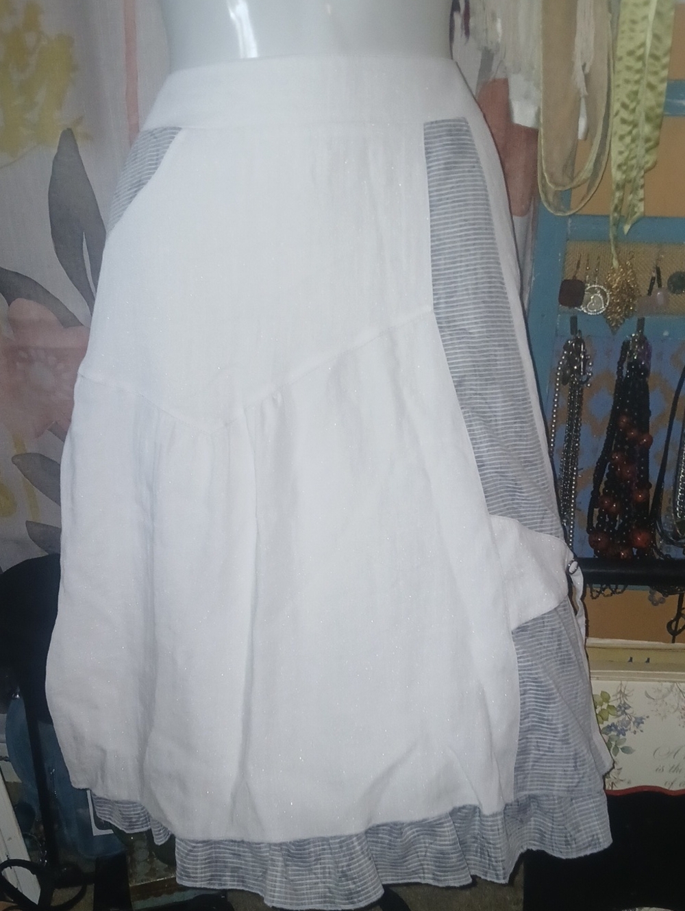 Ardoise White A-Line 2 Tier Skirt with Gray Stripe Panels